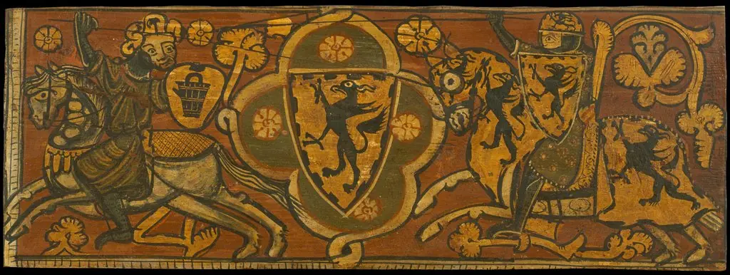 Coffered ceiling panel with a fight between a Christian knight and a Muslim, by Unknown