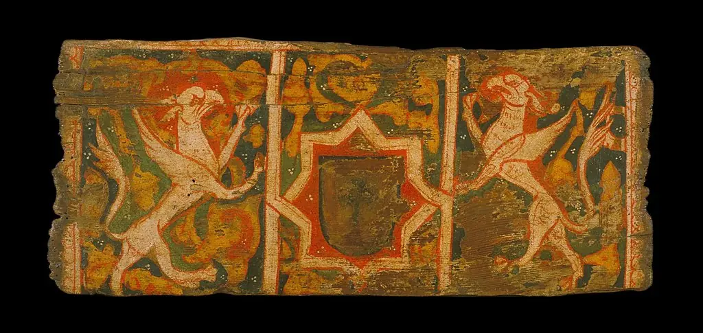 Coffered ceiling panel with coat of arms and griffins rampant, by Unknown