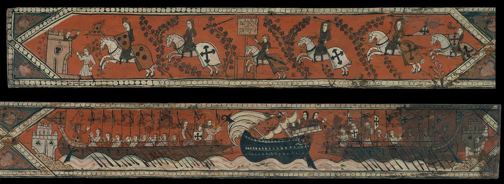 Coffered ceiling panel with knights, galleys and a boat with a high gunwale, by Unknown, unspecified