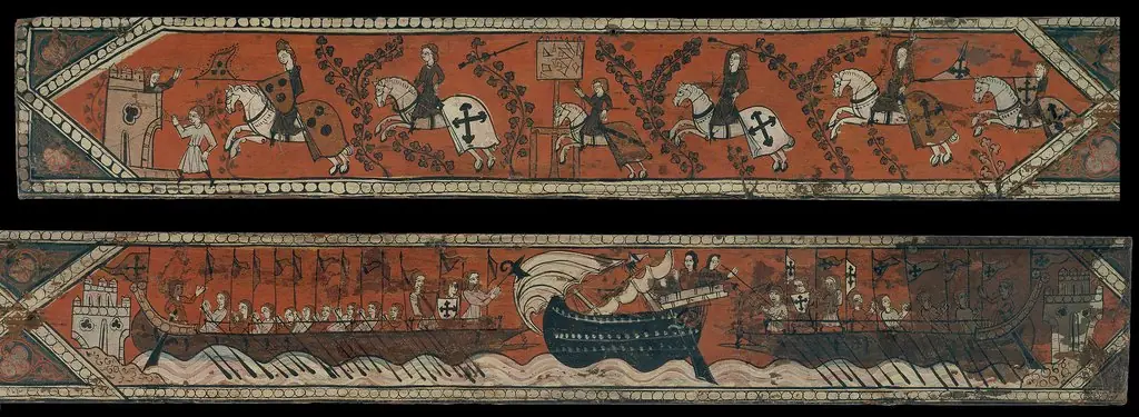 Coffered ceiling panel with knights, galleys and a boat with a high gunwale, by Unknown