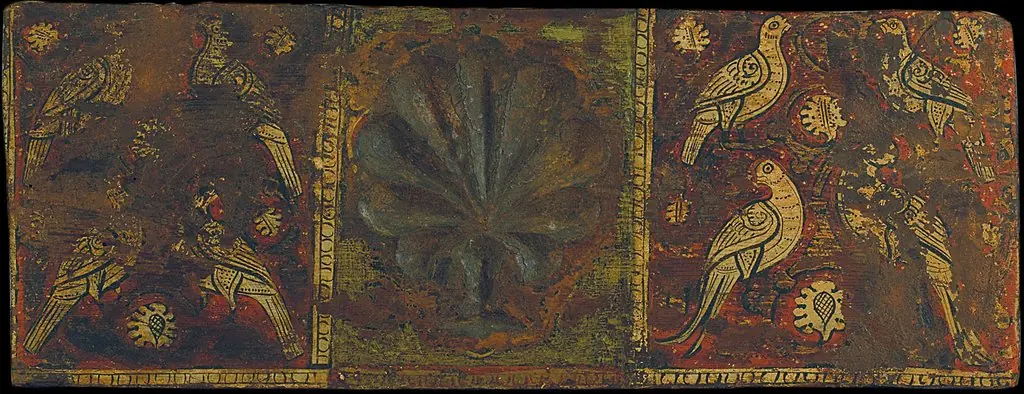 Coffered ceiling panel with palm leaf and birds, by Unknown