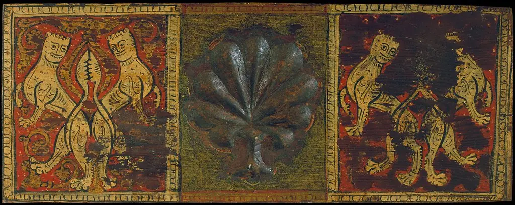 Coffered ceiling panel with palm leaf and fantastic animals, by Unknown