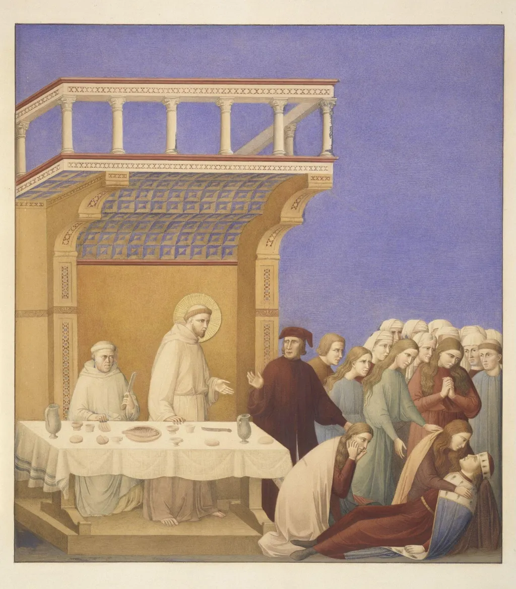 Copy after the painting Death of the Knight of Celano by the Master of the St Francis cycle in the Upper Church, San Francesco, Assisi, by Unknown, watercolor, 1862