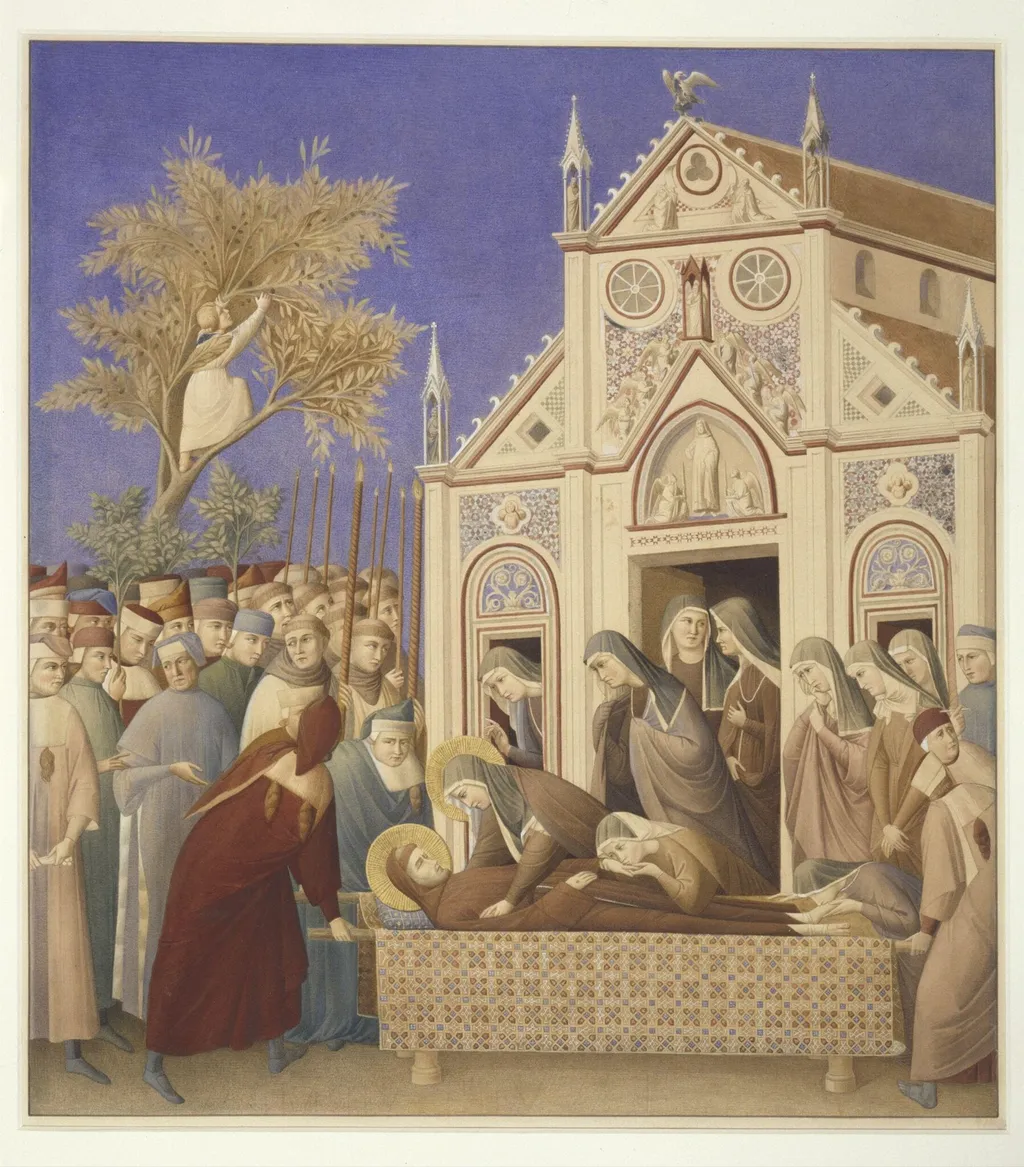 Copy after the painting The Body of St Francis Met by Santa Chiara by the Master of the St Francis Cycle in the Upper Church, San Francesco Assisi, by Unknown, watercolor, 1862