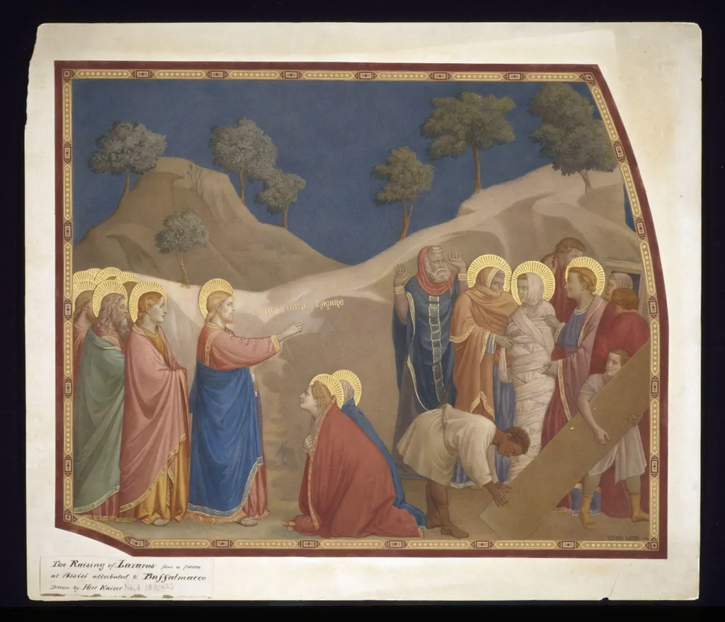 Copy after The Raising of Lazarus attributed to Buonamico di Martino called Buffamalco in the Lower Church of San Francesco (Assisi), by Unknown, watercolor