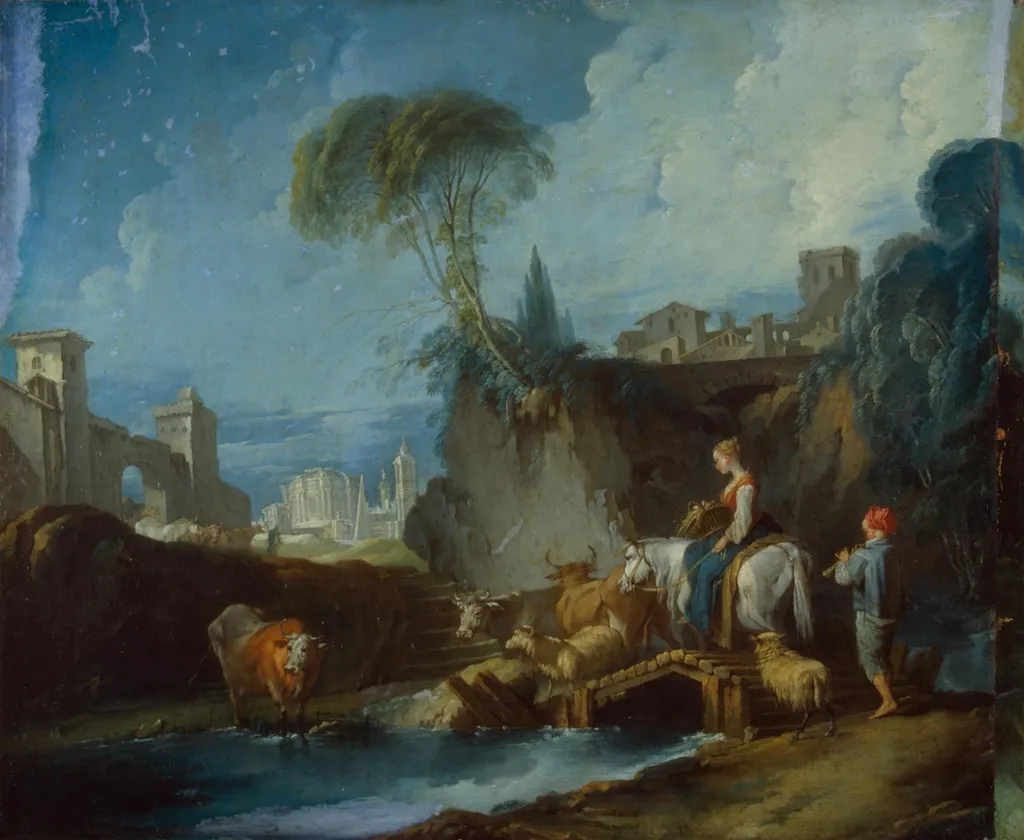 Crossing the Bridge, by Unknown, oil, 1735
