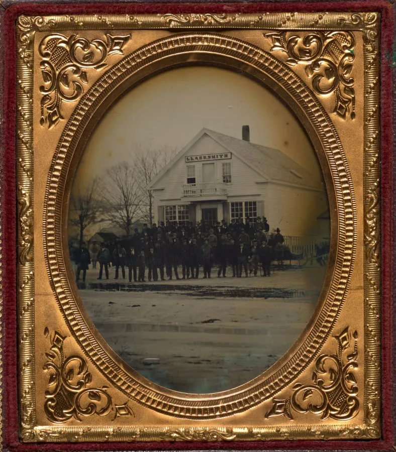 Crowd with sleigh in front of LL & ER Smith store, by Unknown, 1862