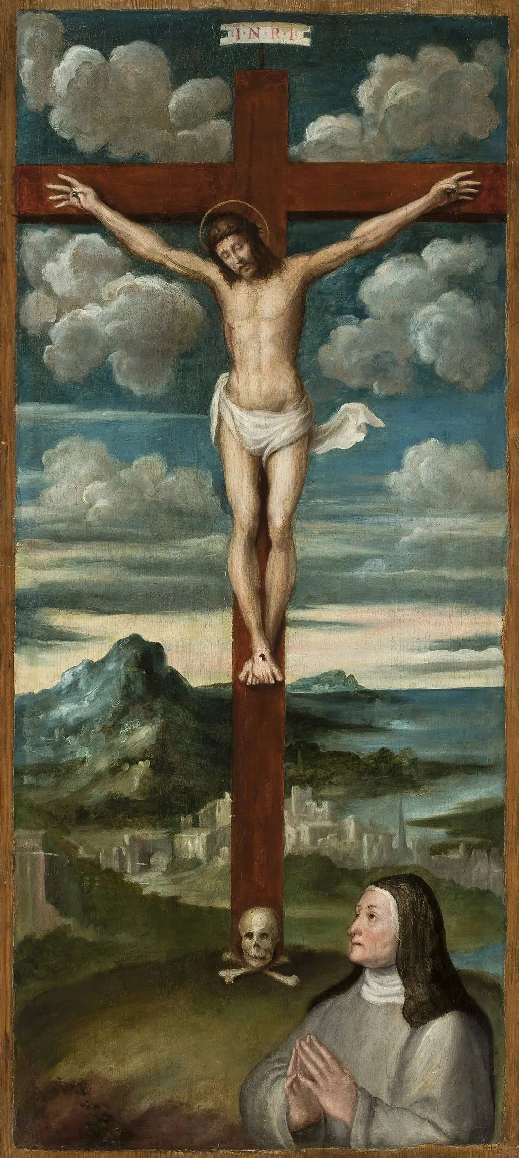 Crucifixion with the bust of a praying nun, by Unknown, tempera, 1600