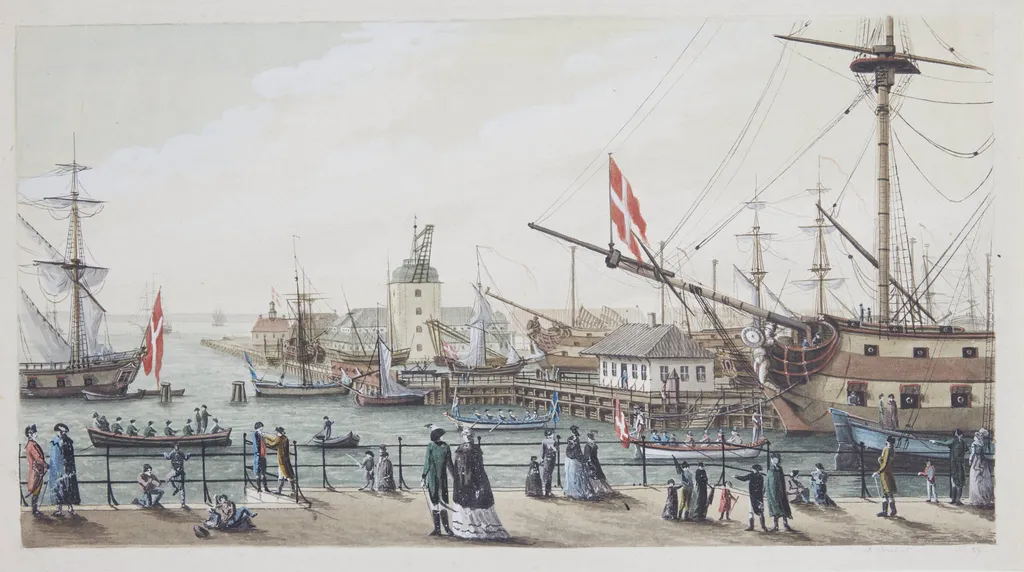 Danske krigsskibe og svensk chalup ved Toldboden i København, by Unknown, unspecified, 1795