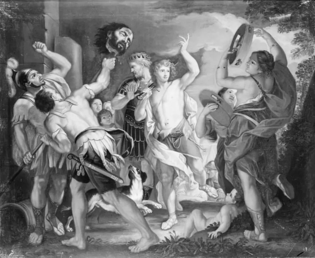 David med Goliats sværd på skulderen. Andre med hans hoved på en stage, by Unknown, 1715