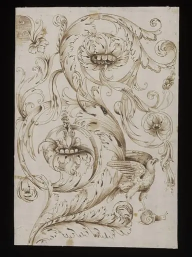 Decorative acanthus scrollwork with bird of prey and snail, by Unknown