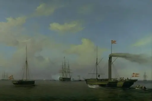 Den danske eskadre til ankers på Warnemünde rhed. Deres kongelige højheder kronprinsen og kronprinsessen ankommer på dampskibet "Kiel" til eskadren, og orlogsskibet "Christian den Ottende" begynder at salutere, by Unknown
