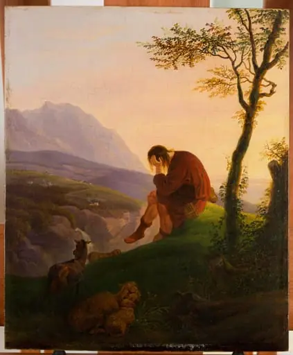 Der Hirte auf der Bergspitze bei Abendschein, by Unknown, 1850