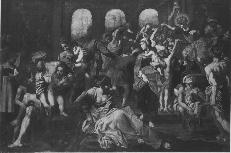 Der hl. Rochus verteilt Almosen, by Unknown, unspecified, 1592