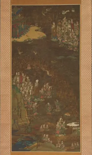 迎接曼荼羅図|Descent and Return of Amida to Western Paradise with a Believer's Soul (Gōshō mandara), by Unknown