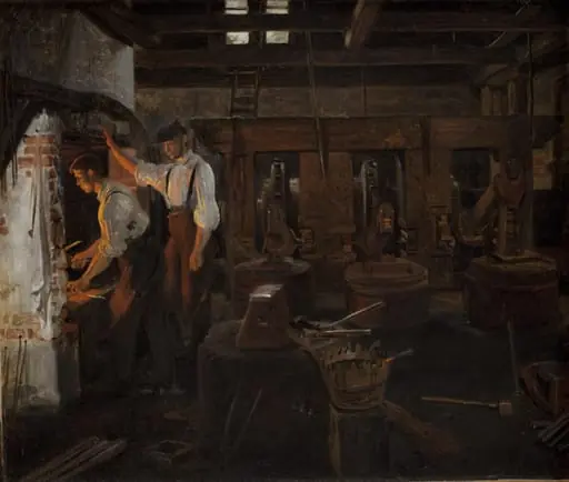 Det indvendige af den gamle hammermølle ved Hellebæk, by Unknown