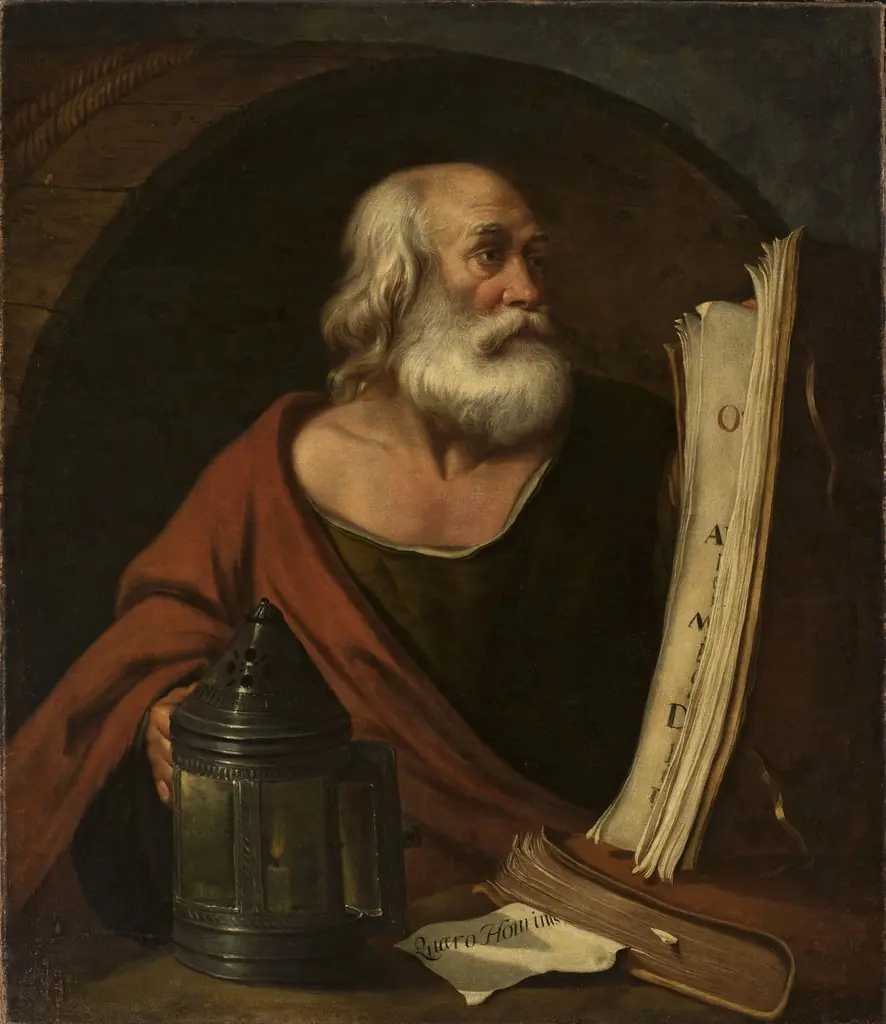 Diogenes in the barrel, by Unknown