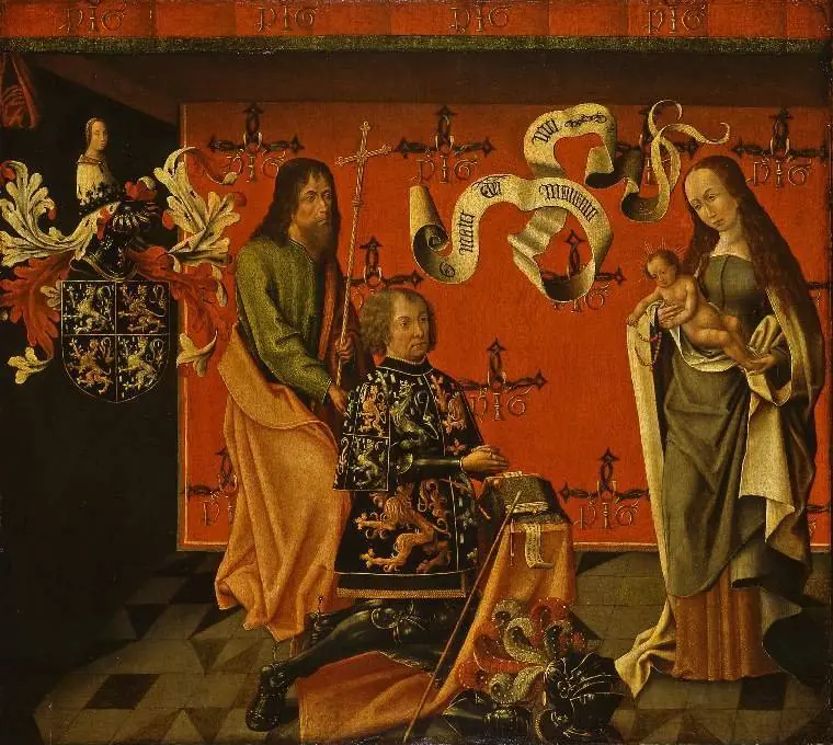 Diptych: Calvary and Virgin with Child, Saint Philip and the donor, by Unknown