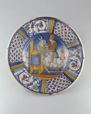 Dish (piatto): Man Washing the Mouth of an Ass, by Unknown, 1555