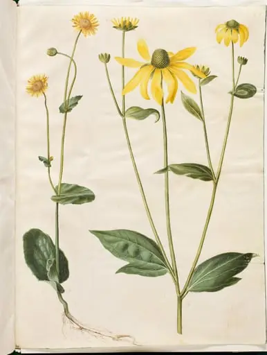 Doronicum pardalianches (hjertebladet gemserod); Rudbeckia laciniata (fliget solhat), by Unknown