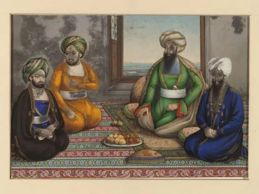 Dost Muhammad (d.1863), Amir of Afghanistan, with his three sons, Muhammad Akram Khan, Haidar Khan and Abdul Ghani Khan, seated on a carpet, by Unknown