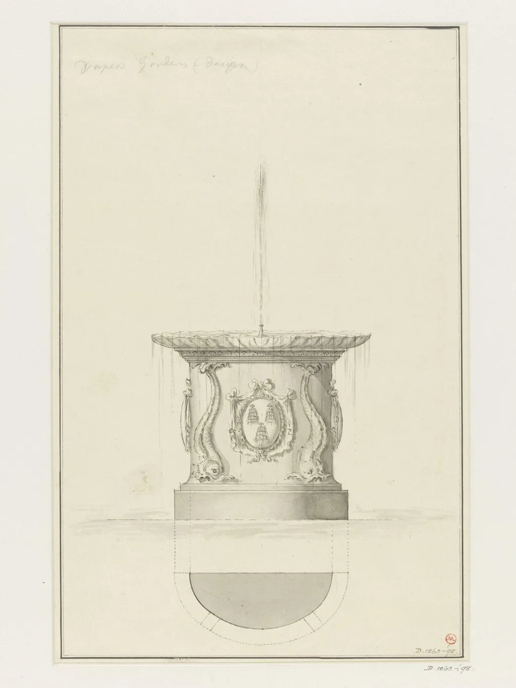 Drawing of fountain in Draper's Gardens, by Unknown, 1750