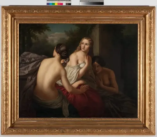 Drei Damen beim Bade überrascht, by Unknown