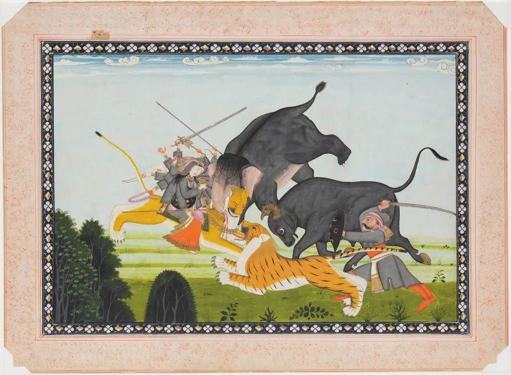 Durga Fighting an Elephant, Bull and Tiger, by Unknown