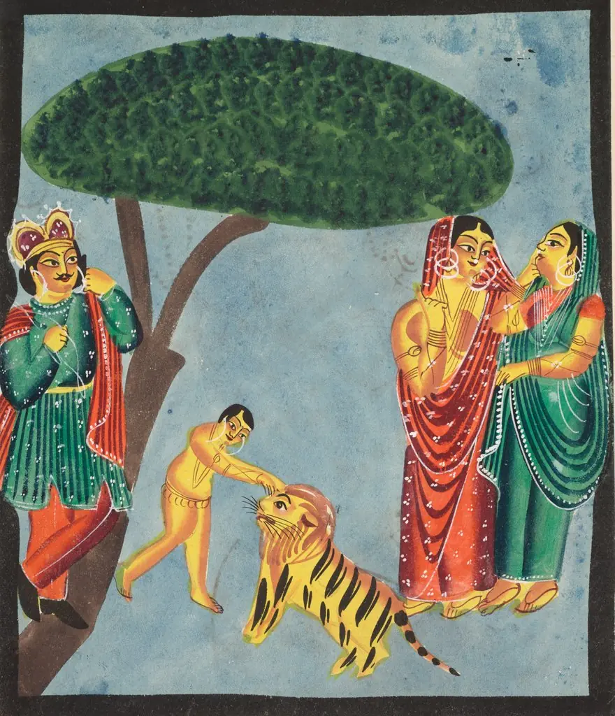 Dushyanta watching his son Bharat playing with the tiger at the end of the Abhijnanashakuntalam (verso), from a Kalighat album, by Unknown