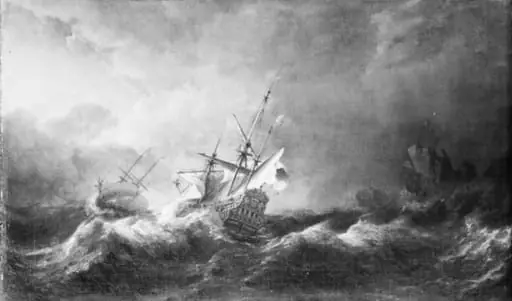 Dutch Men-of-War in a Storm off a Rocky Coast, by Unknown