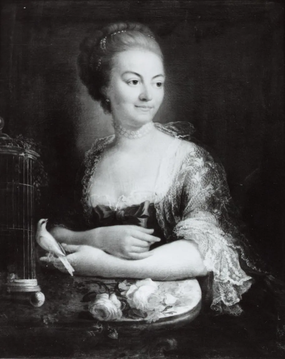Een vrouw met een vogelkooi, zogenaamd portret van Susanna van Collen (1692-1745), sedert 1727 echtgenote van Jacob Feitama, by Unknown, oil, 1730