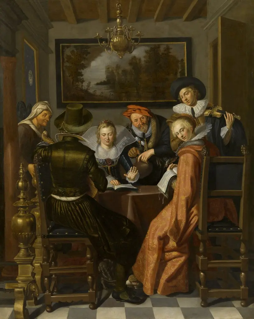 Elegant company playing music and singing in an interior, by Unknown