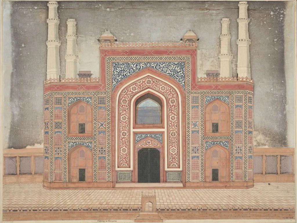 Elevation of the entrance gateway to the garden surrounding Akbar's masoleum., by Unknown, 1819