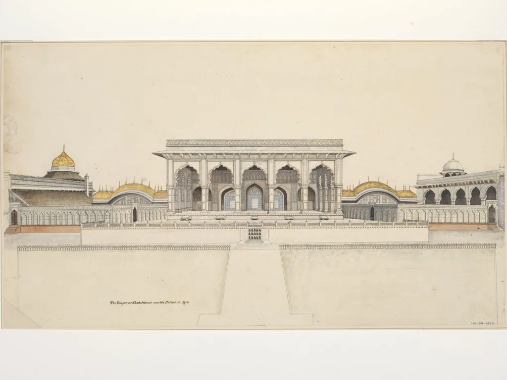 Elevation of the facade of the Khas Mahal, private apartments, Agra Fort, with the adjoining golden pavilions, by Unknown, 1819