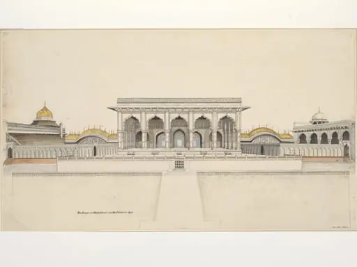 Elevation of the facade of the Khas Mahal, private apartments, Agra Fort, with the adjoining golden pavilions, by Unknown