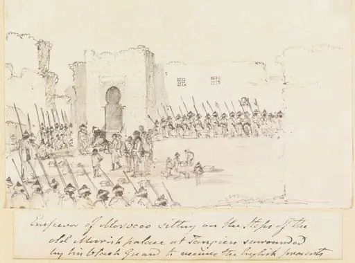 Emperor of Morocco sitting on the Steps of the old Moorish palace at Tangiers surrounded by his black Guard to receive the English presents, by Unknown