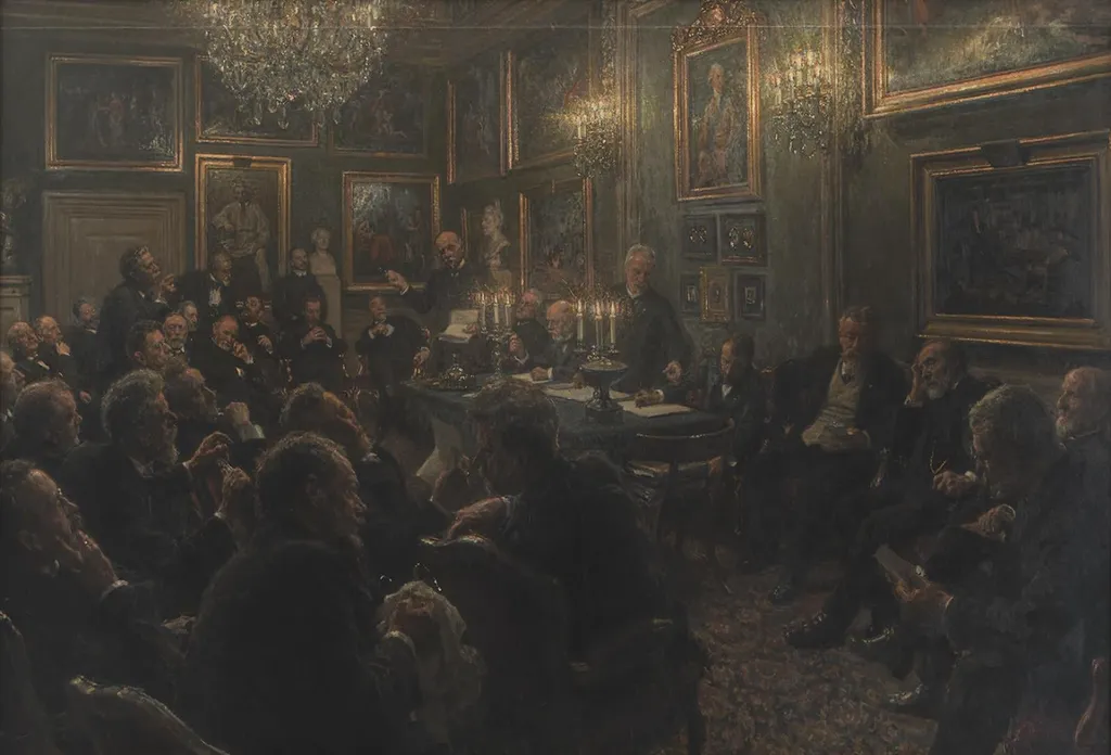En akademirådsforsamling på Charlottenborg i 1904, by Unknown, 1907