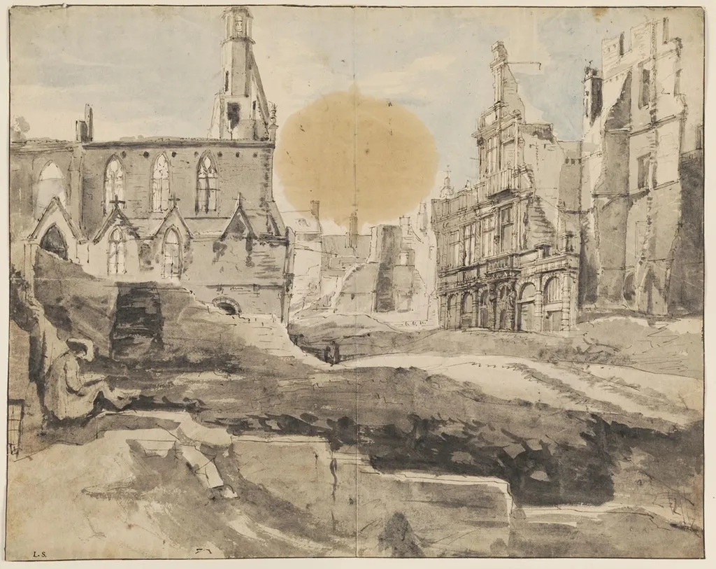 En by i ruiner, by Unknown, unspecified, 1750
