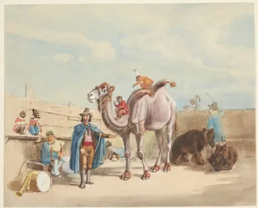 En dyretæmmer med kamel, aber, bjørne mm., by Unknown