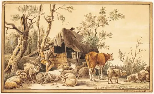 En fårehyrde med sin hjord ved et skur, by Unknown