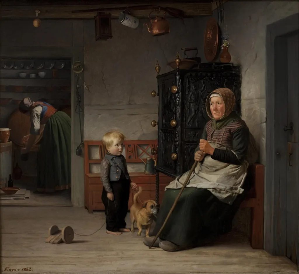 En fattig kone der venter på et krus øl i en bondestue, by Unknown, 1852