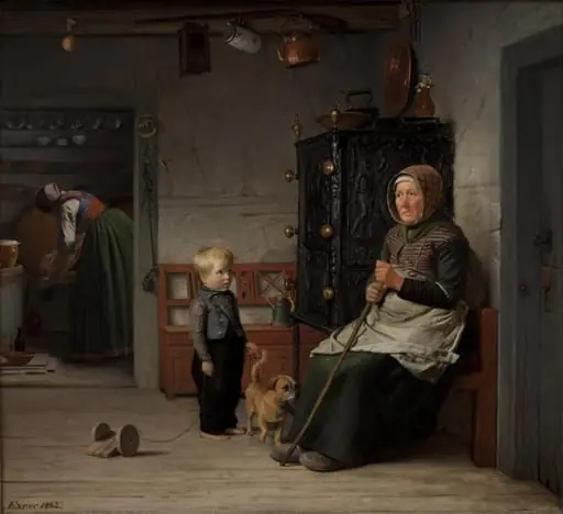 En fattig kone der venter på et krus øl i en bondestue, by Unknown