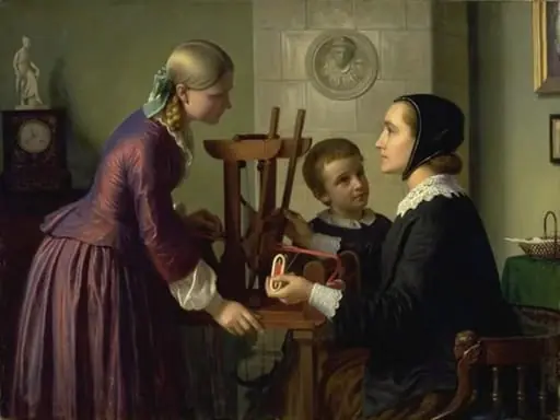En husmoder ved sin båndvæv taler med to børn, by Unknown