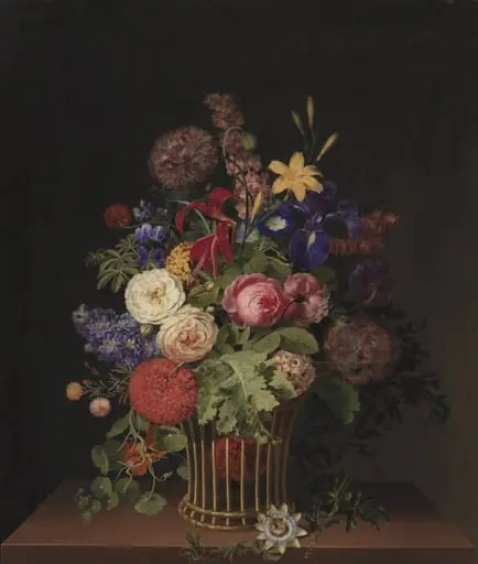 En let rørkurv med blomster, by Unknown