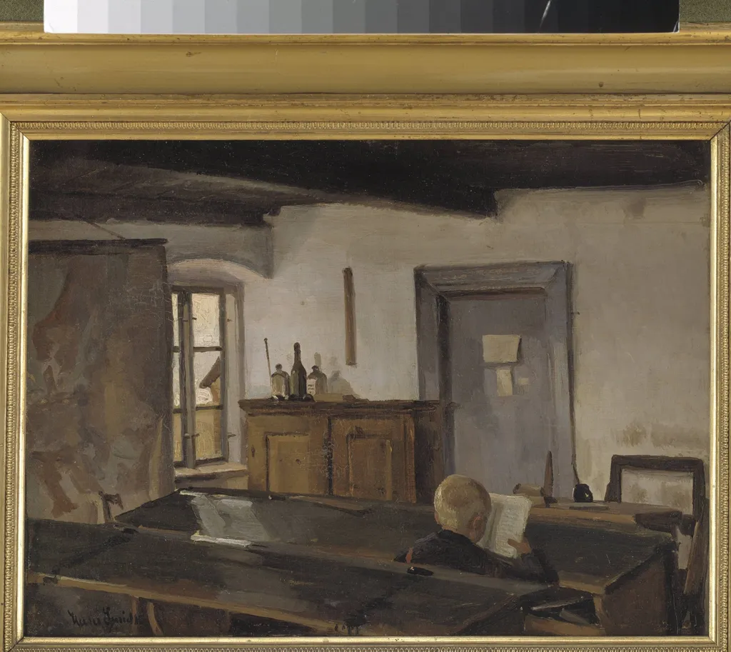 En skolestue med en læsende dreng, by Unknown, 1850