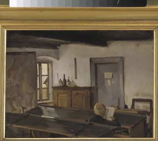 En skolestue med en læsende dreng, by Unknown