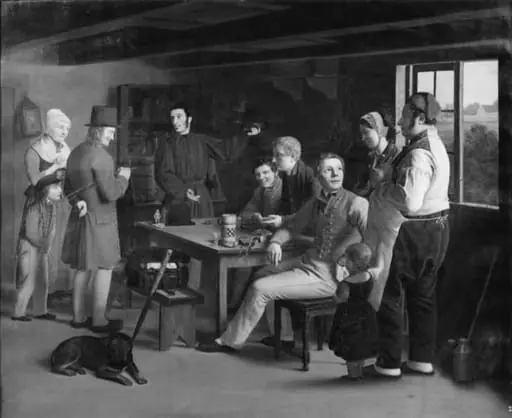 En taskenspiller som foreviser kunster i en krostue, by Unknown