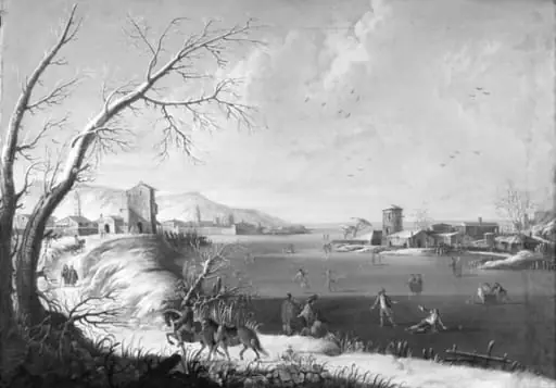 En tilfrossen sø med skøjteløbere, til venstre ses en by i mellemgrunden, by Unknown
