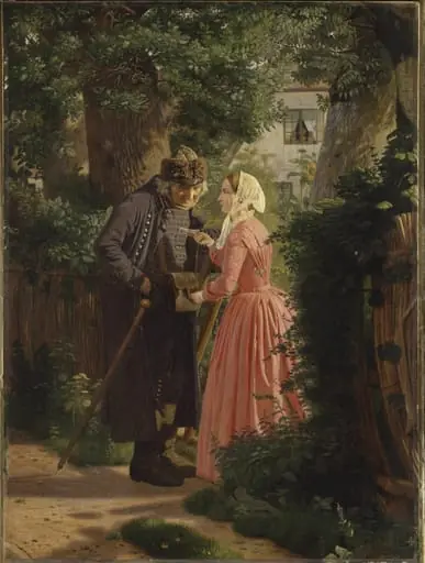 En ung pige beder landsbyens gamle postbud besørge et brev, by Unknown
