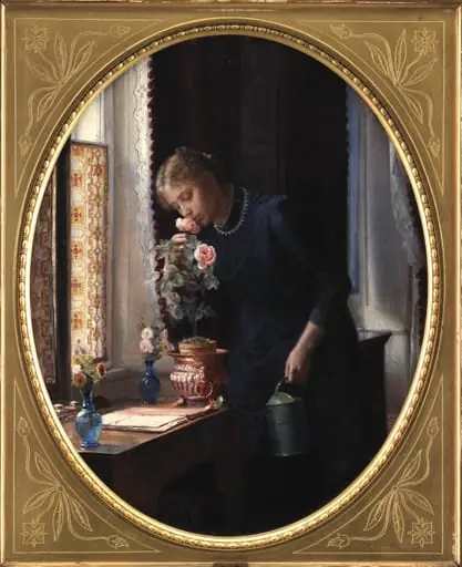 En ung pige, der lugter til en rose, by Unknown